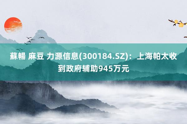 蘇暢 麻豆 力源信息(300184.SZ)：上海帕太收到政府辅助945万元